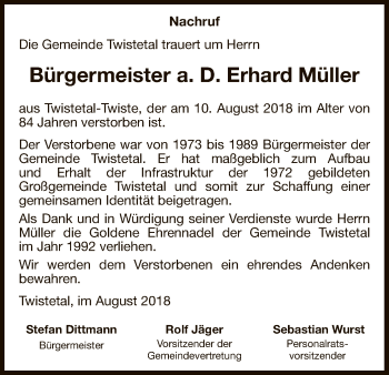 Traueranzeige von Erhard Müller von WLZ