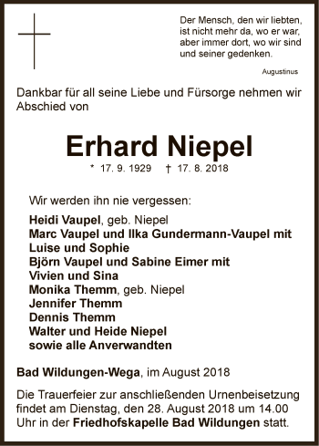 Traueranzeige von Erhard Niepel von WLZ