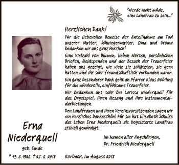Traueranzeige von Erna Niederquell von WLZ