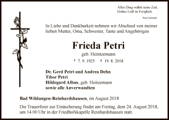 Traueranzeige von Frieda Petri von WLZ