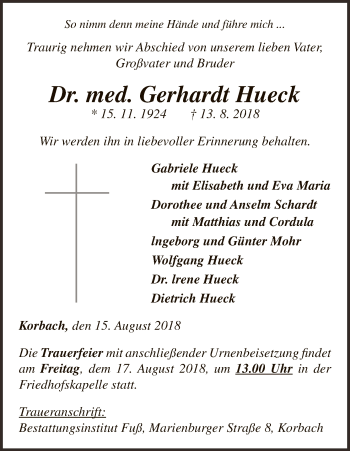 Traueranzeige von Gerhardt Hueck von WLZ