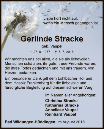 Traueranzeige von Gerlinde Stracke von WLZ