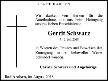 Traueranzeige von Gerrit Schwarz von WLZ