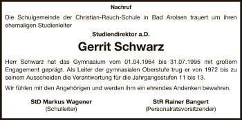 Traueranzeige von Gerrit Schwarz von WLZ