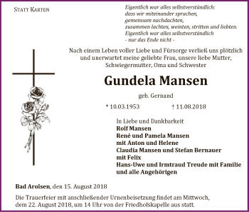 Traueranzeige von Gundela Mansen von WLZ