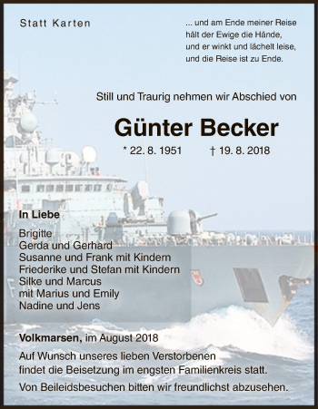 Traueranzeige von Günter Becker von WLZ