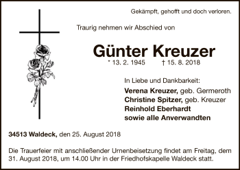 Traueranzeige von Günter Kreuzer von WLZ