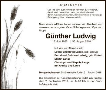 Traueranzeige von Günther Ludwig von WLZ