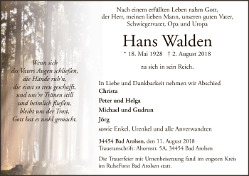 Traueranzeige von Hans Walden von WLZ