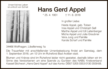 Traueranzeige von Hans Gerd Appel von WLZ