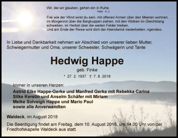 Traueranzeige von Hedwig Happe von WLZ