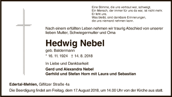 Traueranzeige von Hedwig Nebel von WLZ