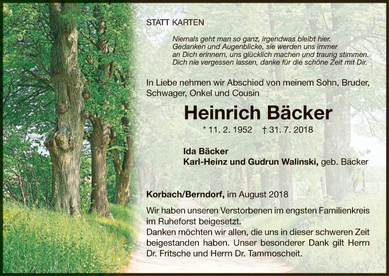  Traueranzeige für Heinrich Bäcker vom 18.08.2018 aus WLZ