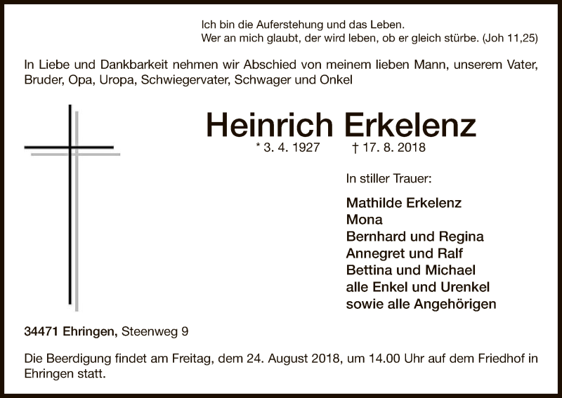  Traueranzeige für Heinrich Erkelenz vom 21.08.2018 aus WLZ