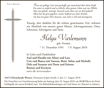 Traueranzeige von Helga Varlemann von WLZ