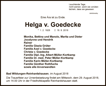 Traueranzeige von Helga v. Goedecke von WLZ