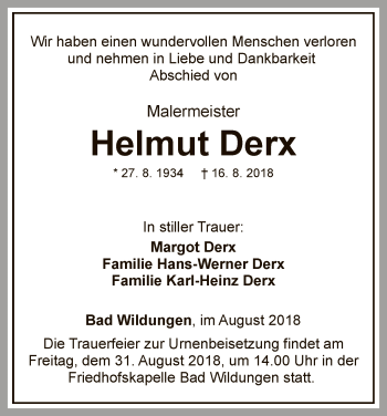 Traueranzeige von Helmut Derx von WLZ