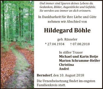 Traueranzeige von Hildegard Böhle von WLZ