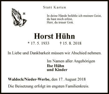 Traueranzeige von Horst Hühn von WLZ