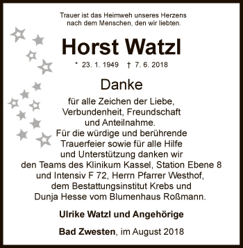 Traueranzeige von Horst Watzl von WLZ