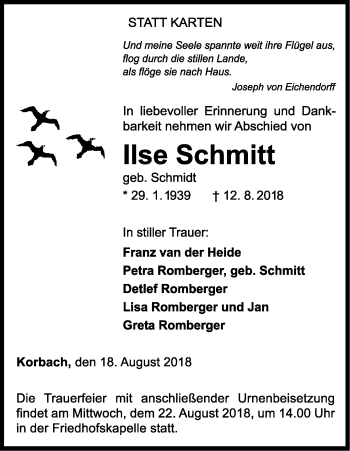 Traueranzeige von Ilse Schmitt von WLZ