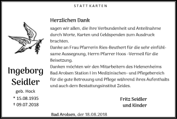 Traueranzeige von Ingeborg Seidler von WLZ