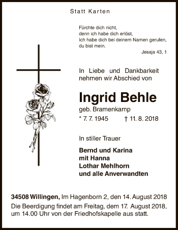 Traueranzeige von Ingrid Behle von WLZ