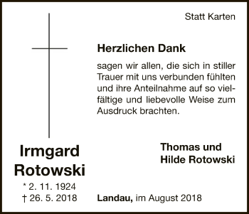 Traueranzeige von Irmgard Rotowski von WLZ