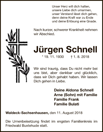 Traueranzeige von Jürgen Schnell von WLZ