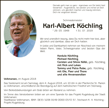 Traueranzeige von Karl-Albert Köchling von WLZ