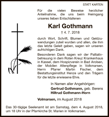 Traueranzeige von Karl Gothmann von WLZ