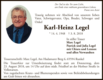 Traueranzeige von Karl-Heinz Legel von WLZ