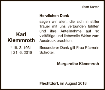 Traueranzeige von Karl Klemmroth von WLZ