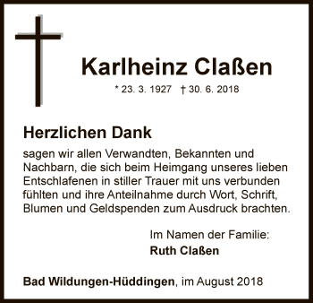 Traueranzeige von Karlheinz Claßen von WLZ