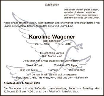 Traueranzeige von Karoline Wagener von WLZ
