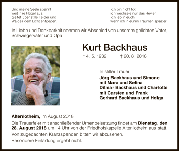 Traueranzeige von Kurt Backhaus von WLZ