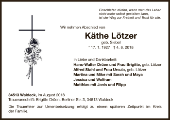 Traueranzeige von Käthe Lötzer von WLZ