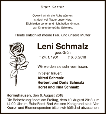 Traueranzeige von Leni Schmalz von WLZ