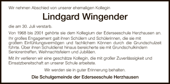 Traueranzeige von Lindgard Wingender von WLZ