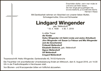 Traueranzeige von Lindgard Wingender von WLZ