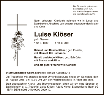 Traueranzeige von Luise Klöser von WLZ