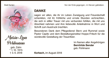 Traueranzeige von Maria-Lina Pohlmann von WLZ