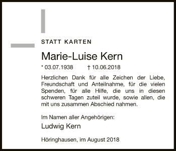 Traueranzeige von Marie-Luise Kern von WLZ