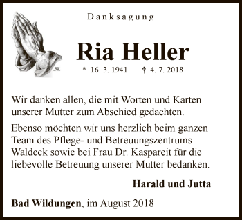 Traueranzeige von Ria Heller von WLZ