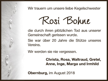 Traueranzeige von Rosi Bohne von WLZ