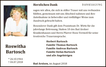 Traueranzeige von Roswitha Bartosch von WLZ