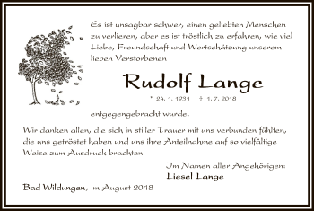Traueranzeige von Rudolf Lange von WLZ