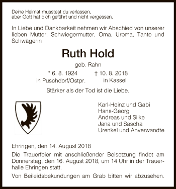 Traueranzeige von Ruth Hold von WLZ