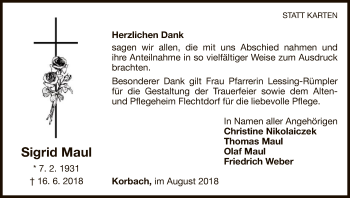 Traueranzeige von Sigrid Maul von WLZ