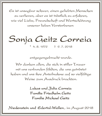 Traueranzeige von Sonja Geitz Correia von WLZ